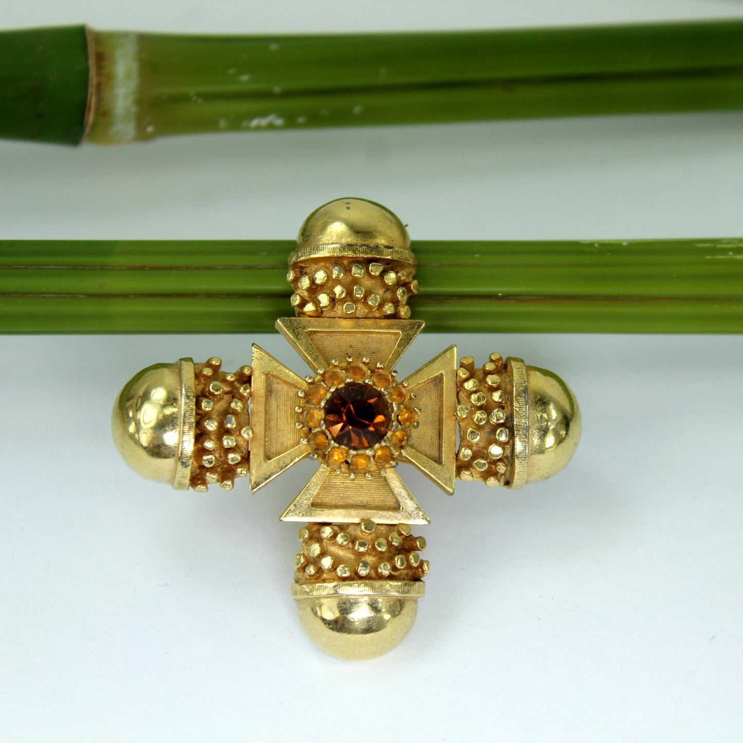 Benedikt NY Maltese Cross Pin Brooch Outstanding Amber Large Crystal Estate