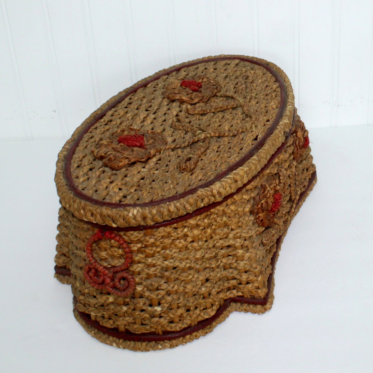 Antique Sewing Basket Braided Wicker Floral Buttons Misc Sewing Maine side view box