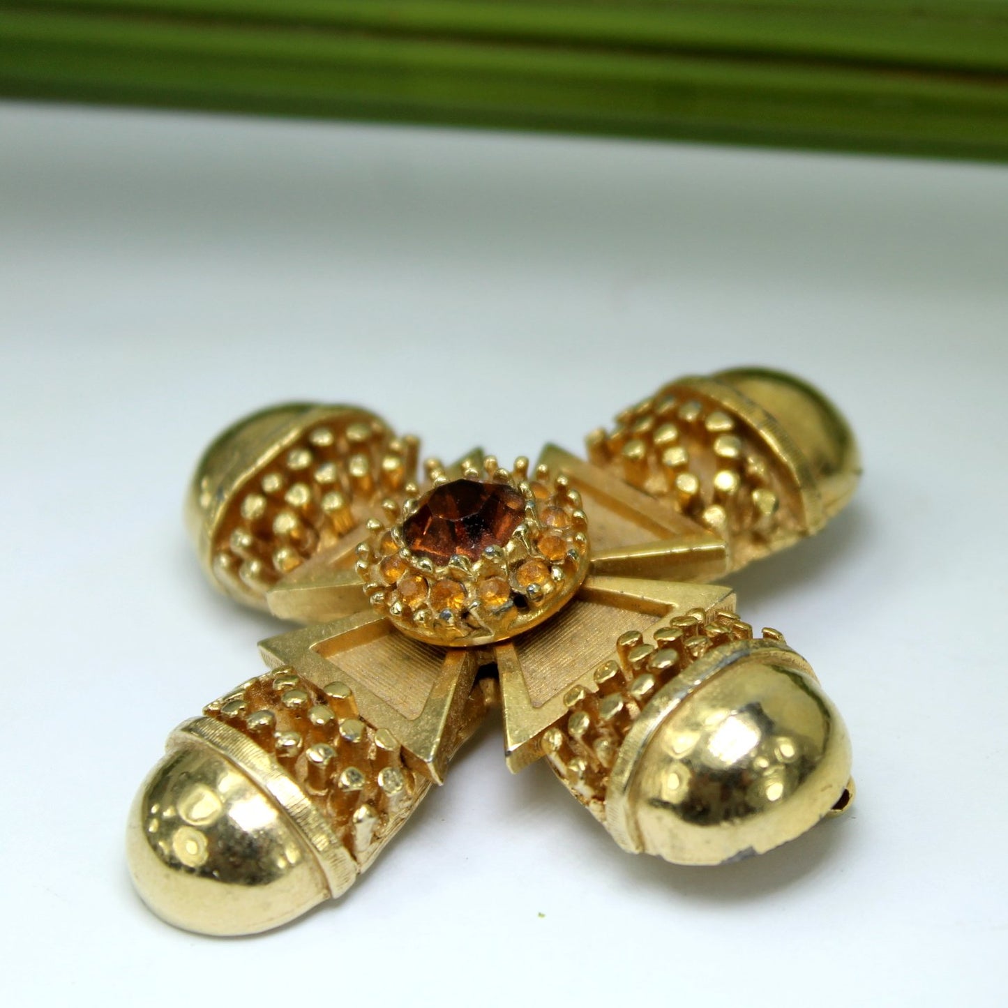 Benedikt NY Maltese Cross Pin Brooch Outstanding Amber Large Crystal Estate closeup view focal