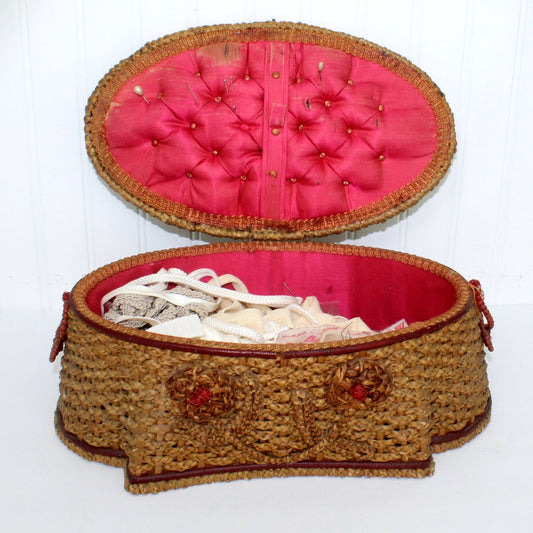 Antique Sewing Basket Braided Wicker Floral Buttons Misc Sewing Maine