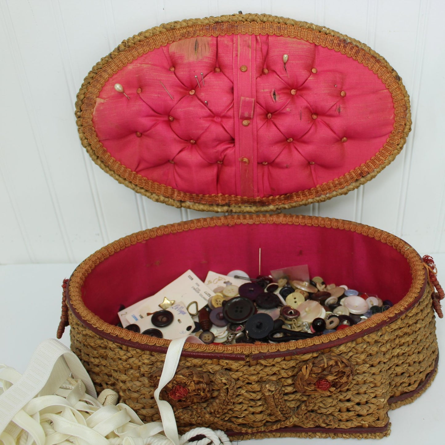 Antique Sewing Basket Braided Wicker Floral Buttons Misc Sewing Maine view of all buttons incl.