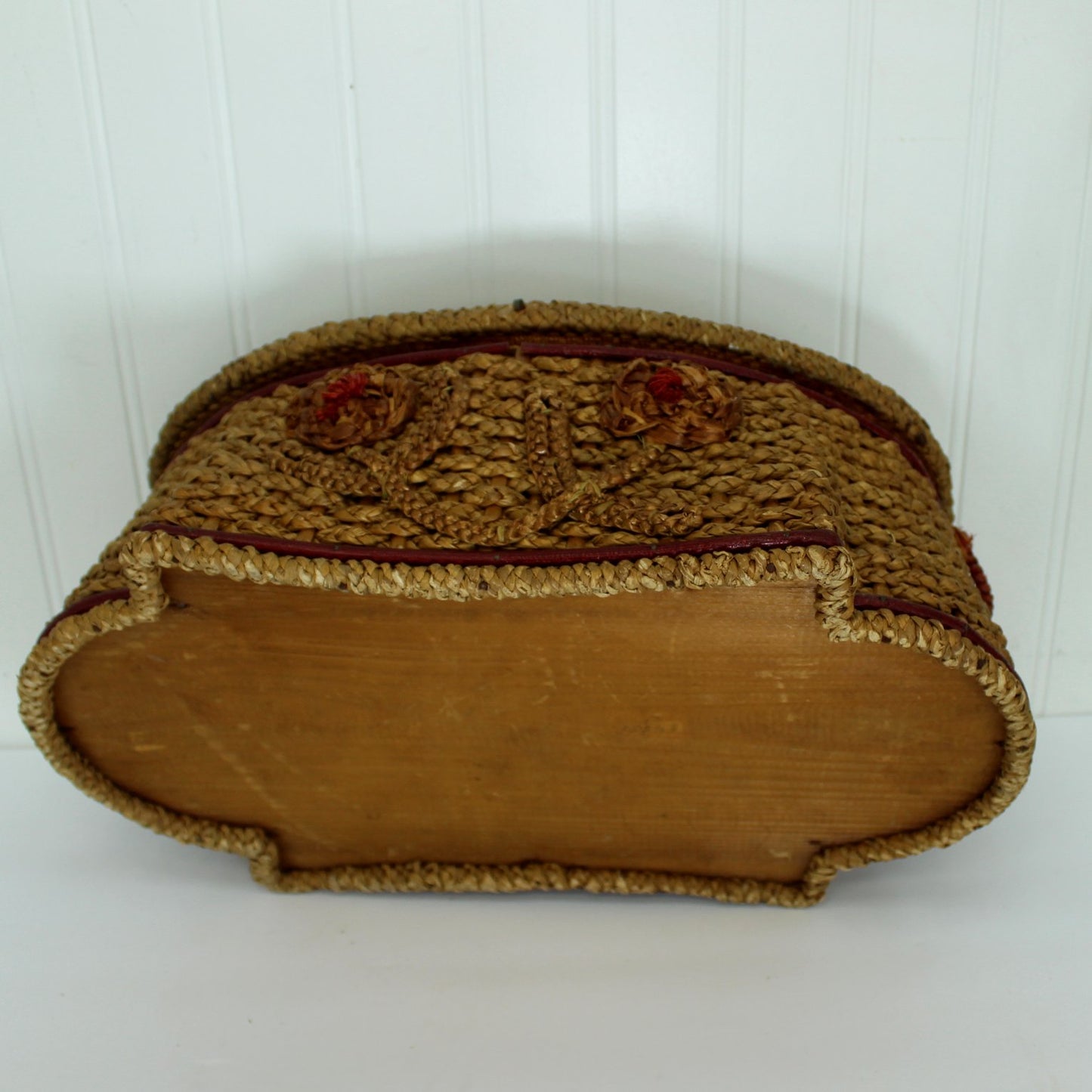 Antique Sewing Basket Braided Wicker Floral Buttons Misc Sewing Maine wood bottom box