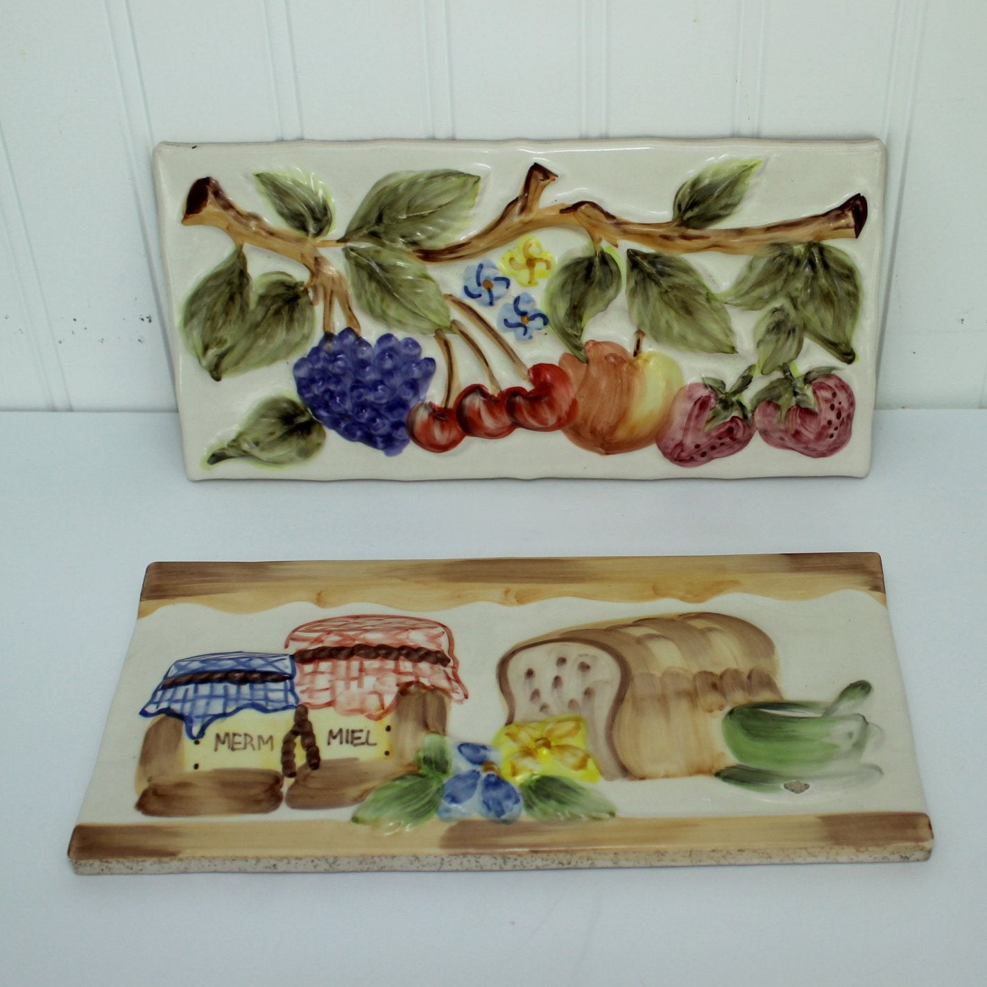 Pair Decorative Tiles DIY Project Kitchen Decor Fruit Bread Miel