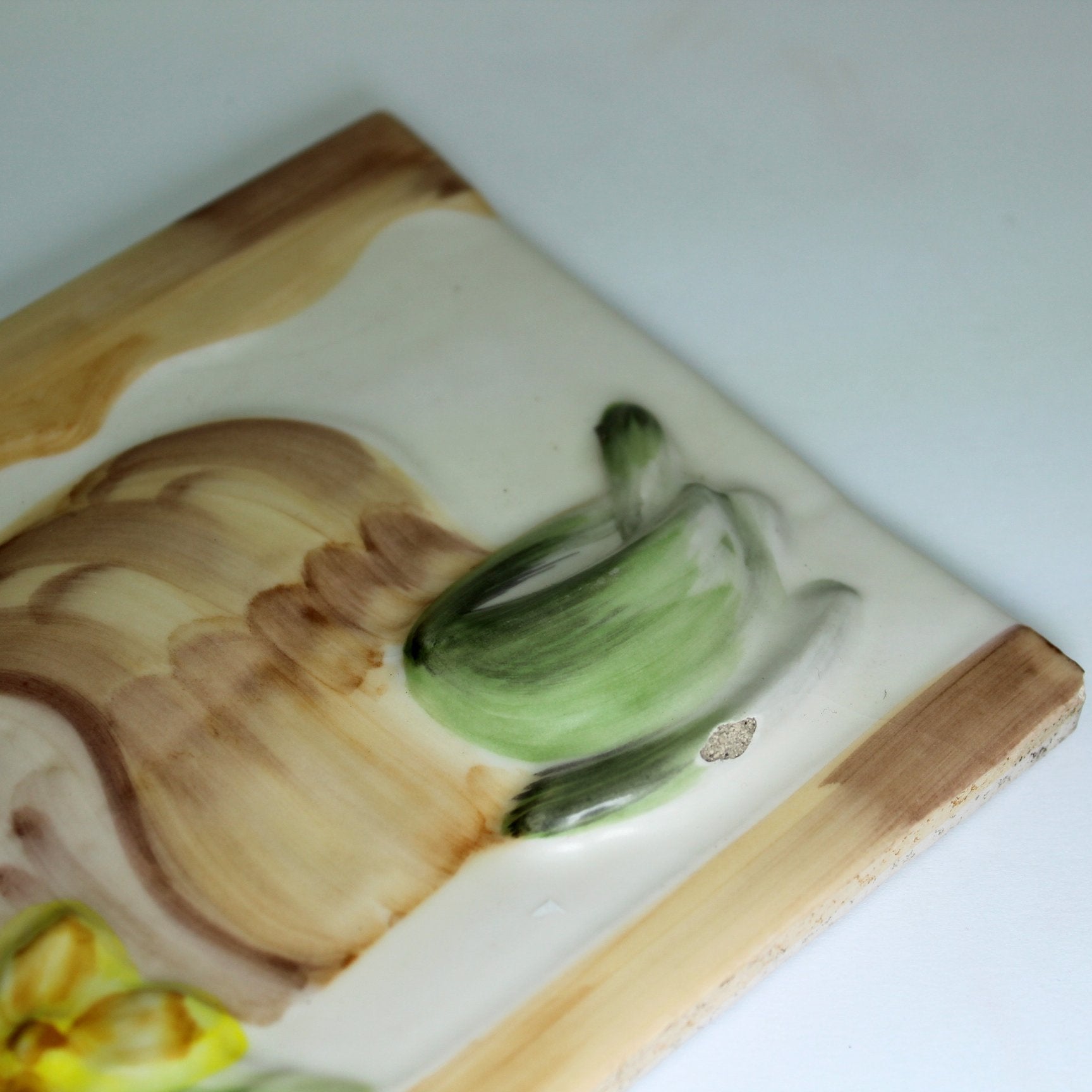 Pair Decorative Tiles DIY Project Kitchen Decor Fruit Bread Miel closeup flaw