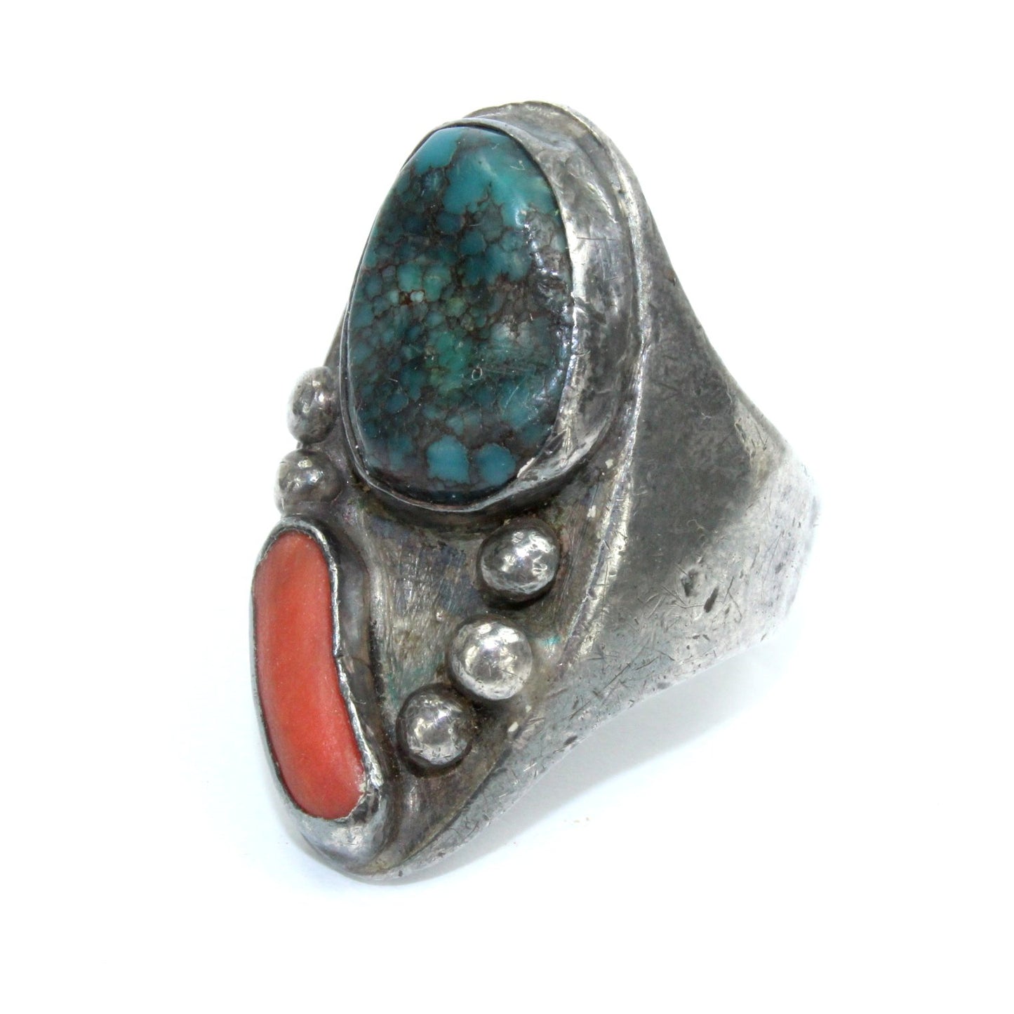 Old Pawn Cast Turquoise Coral Ring Heavy Size 13 side view