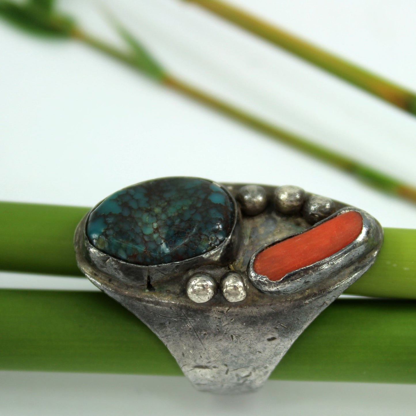 Old Pawn Cast Turquoise Coral Ring Heavy Size 13