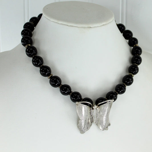 EF Silver Butterfly Black Bead Necklace