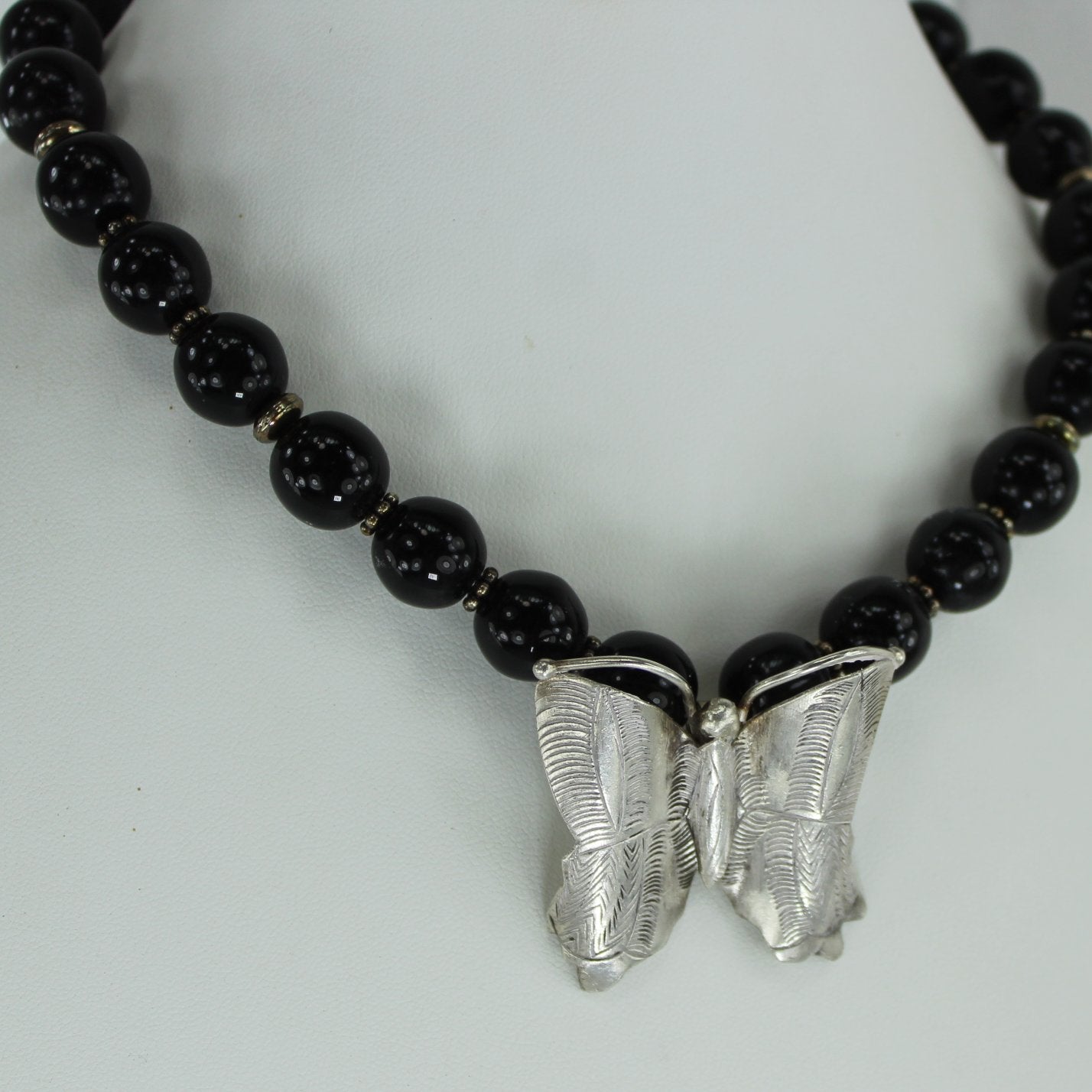 EF Silver Butterfly Black Bead Necklace other view