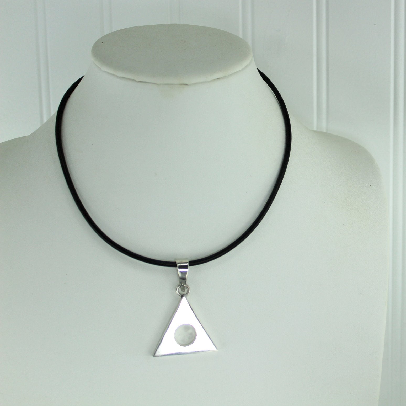 Sterling 925 Triangle Necklace Black Leather Cord Wt 11.8 grams