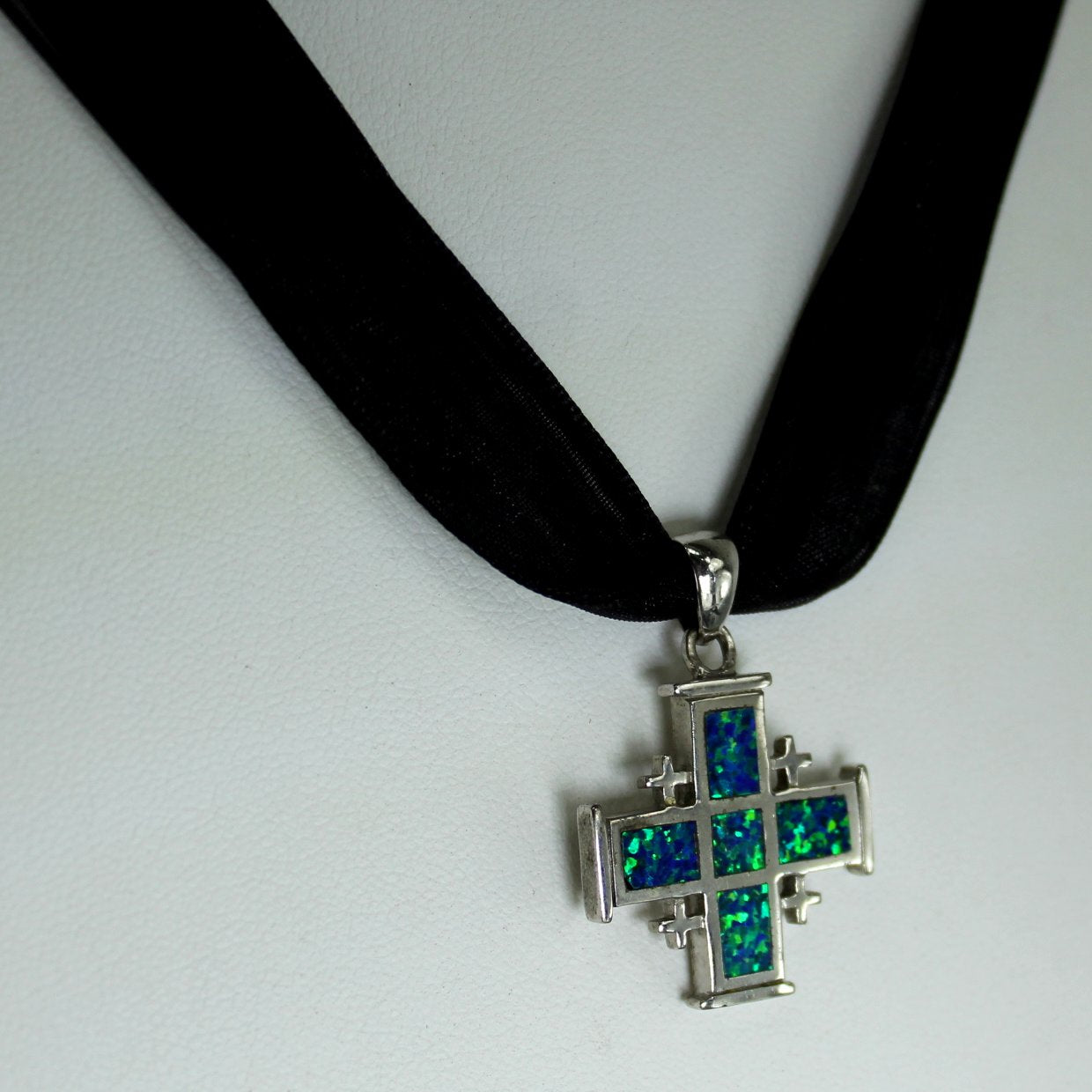 Blue Green Fire Opal Cross Necklace Sterling 925 closeup of cross design