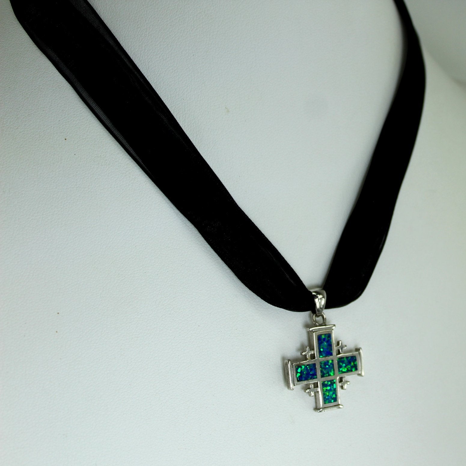 Blue Green Fire Opal Cross Necklace Sterling 925