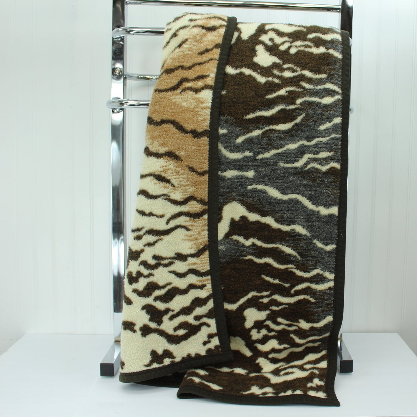 Aurora Biederlack Acrylic Poly Throw Blanket Animal Print Browns Reverses Greys  vertical view showing both sides