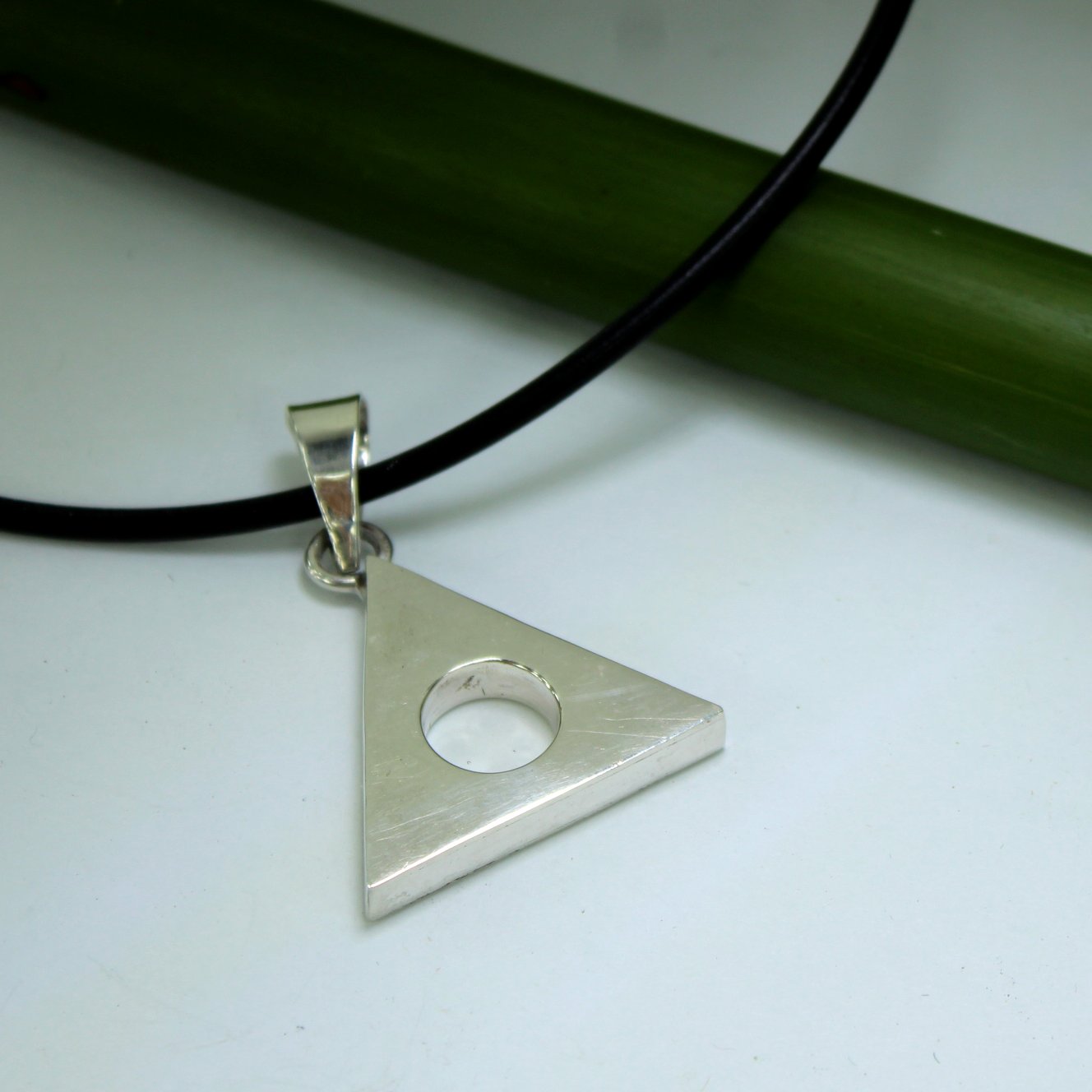 Sterling 925 Triangle Necklace Black Leather Cord Wt 11.8 grams closeup view triangle