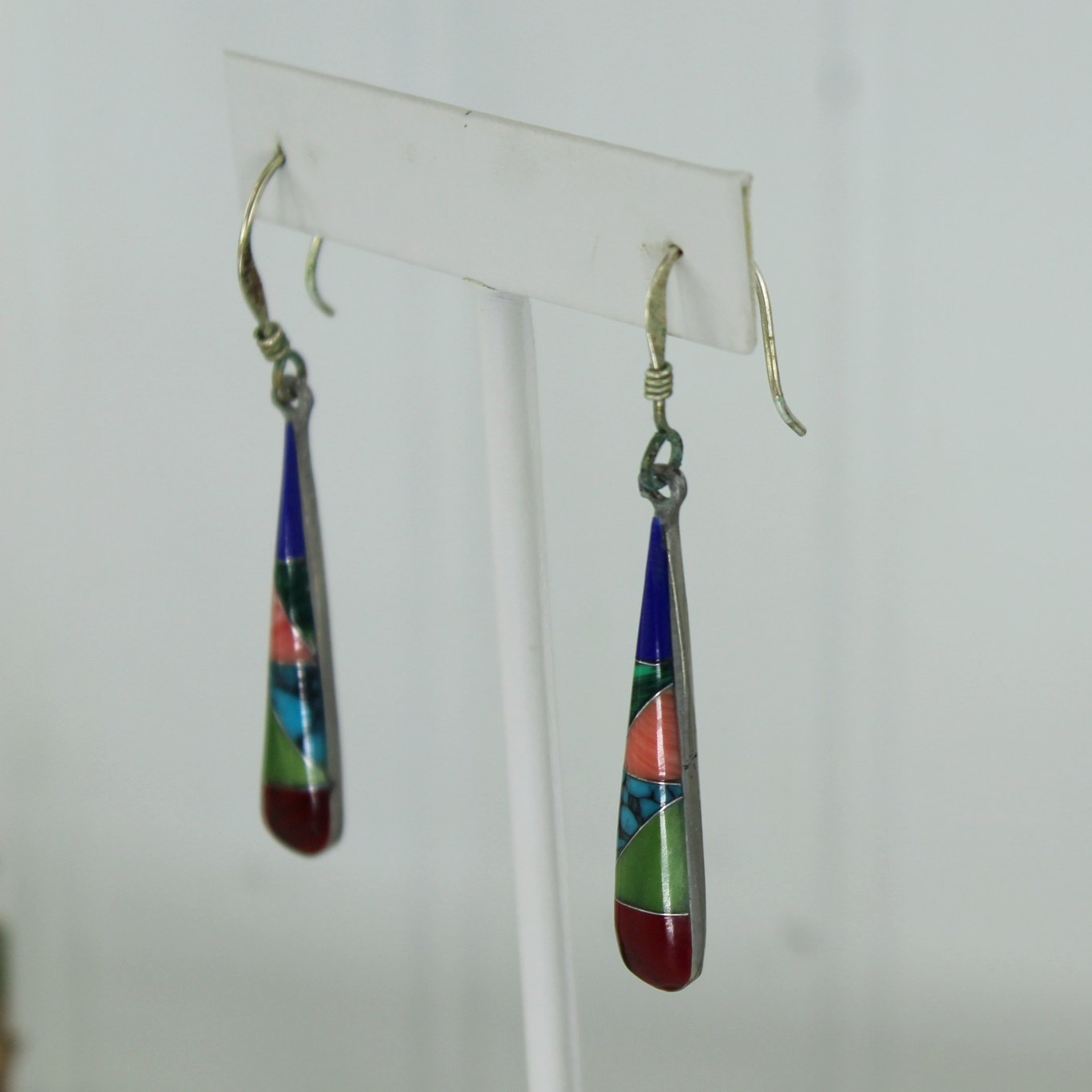 Alia 1991 Mexico Long Dangle Silver Earrings Multi Stone side view