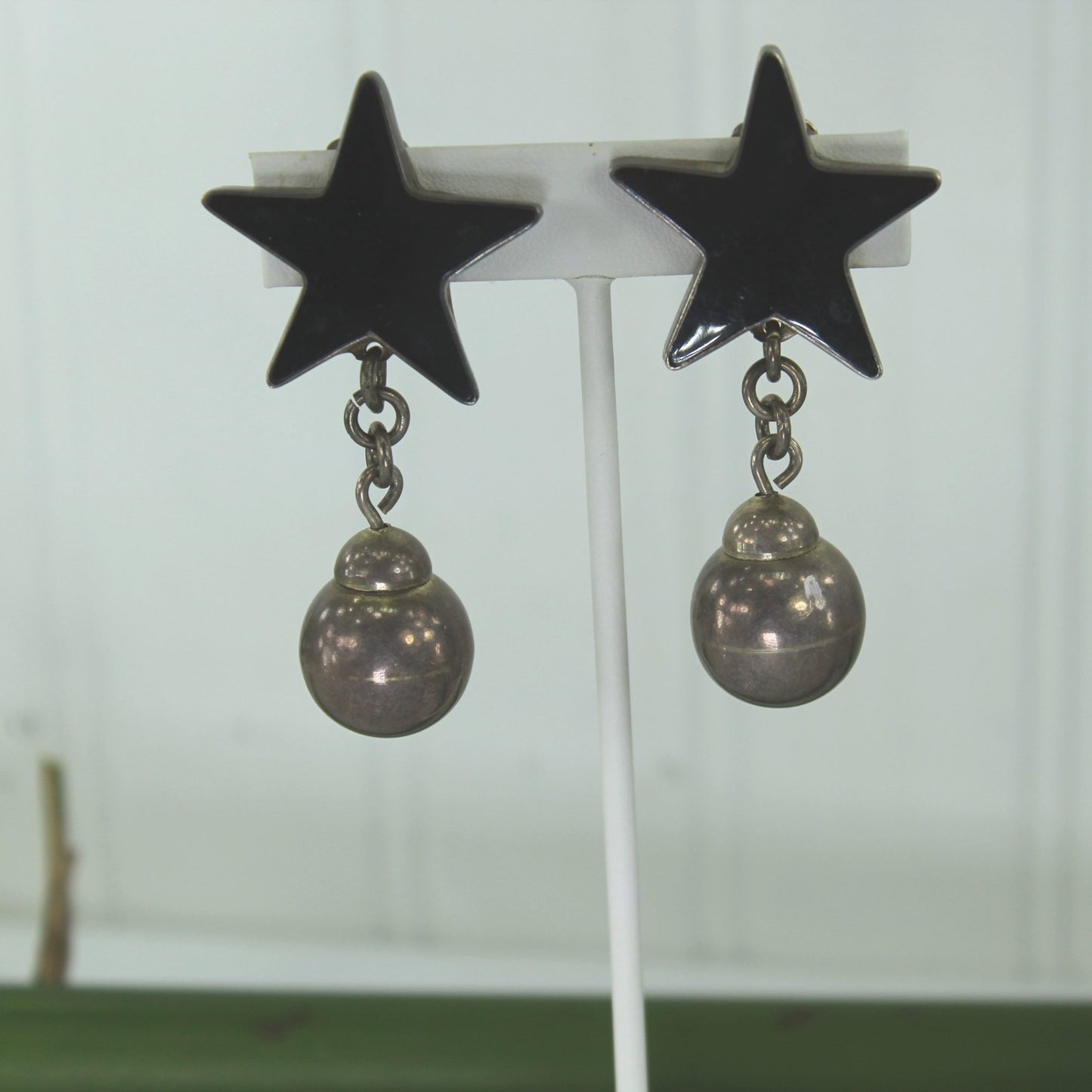 Mexico TR-70 Sterling Earrings Large Black Stone Star Silver Ball Clip 28.2 Gr