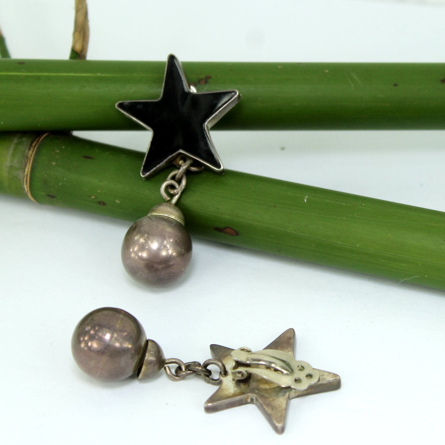 Mexico TR-70 Sterling Earrings Large Black Stone Star Silver Ball Clip 28.2 Gr showing reverse