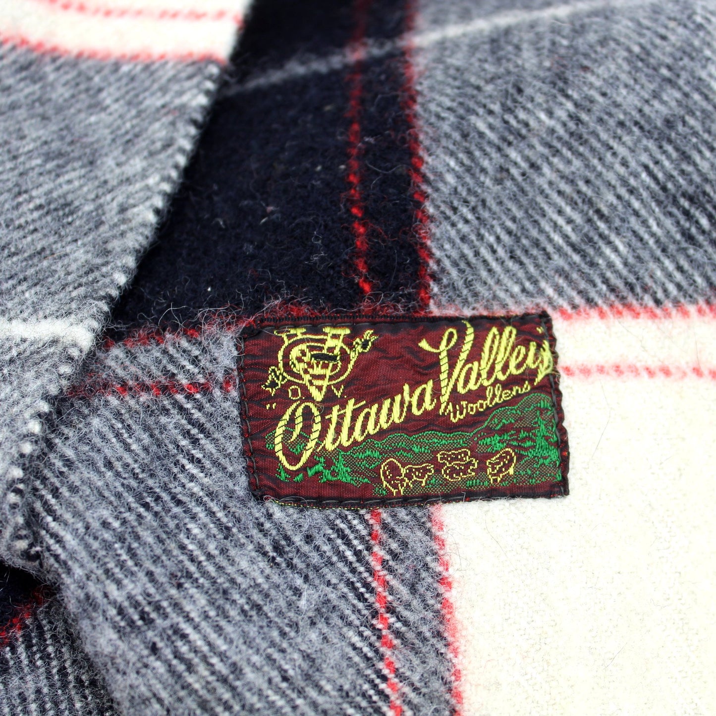 Ottawa Valley Vintage Fringed Wool Throw Blanket Handsome Cream Ballack Red Plaid ribbon maker tag