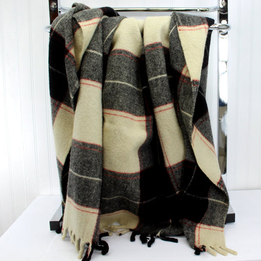 Ottawa Valley Vintage Fringed Wool Throw Blanket Handsome Cream Ballack Red Plaid
