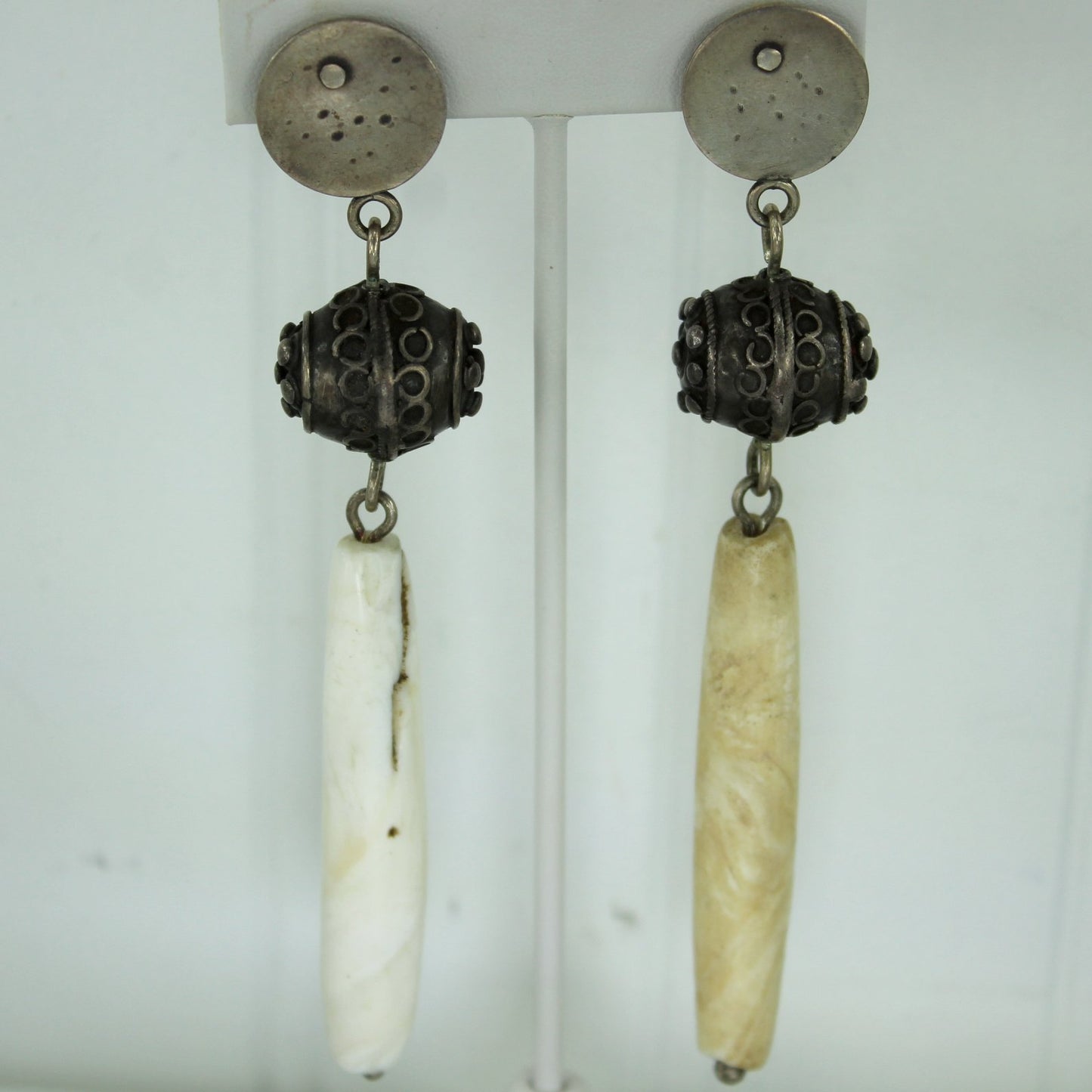 Vintage African Tribal Long Earrings Dangle Metal Shell  4 1/2" Long  close view