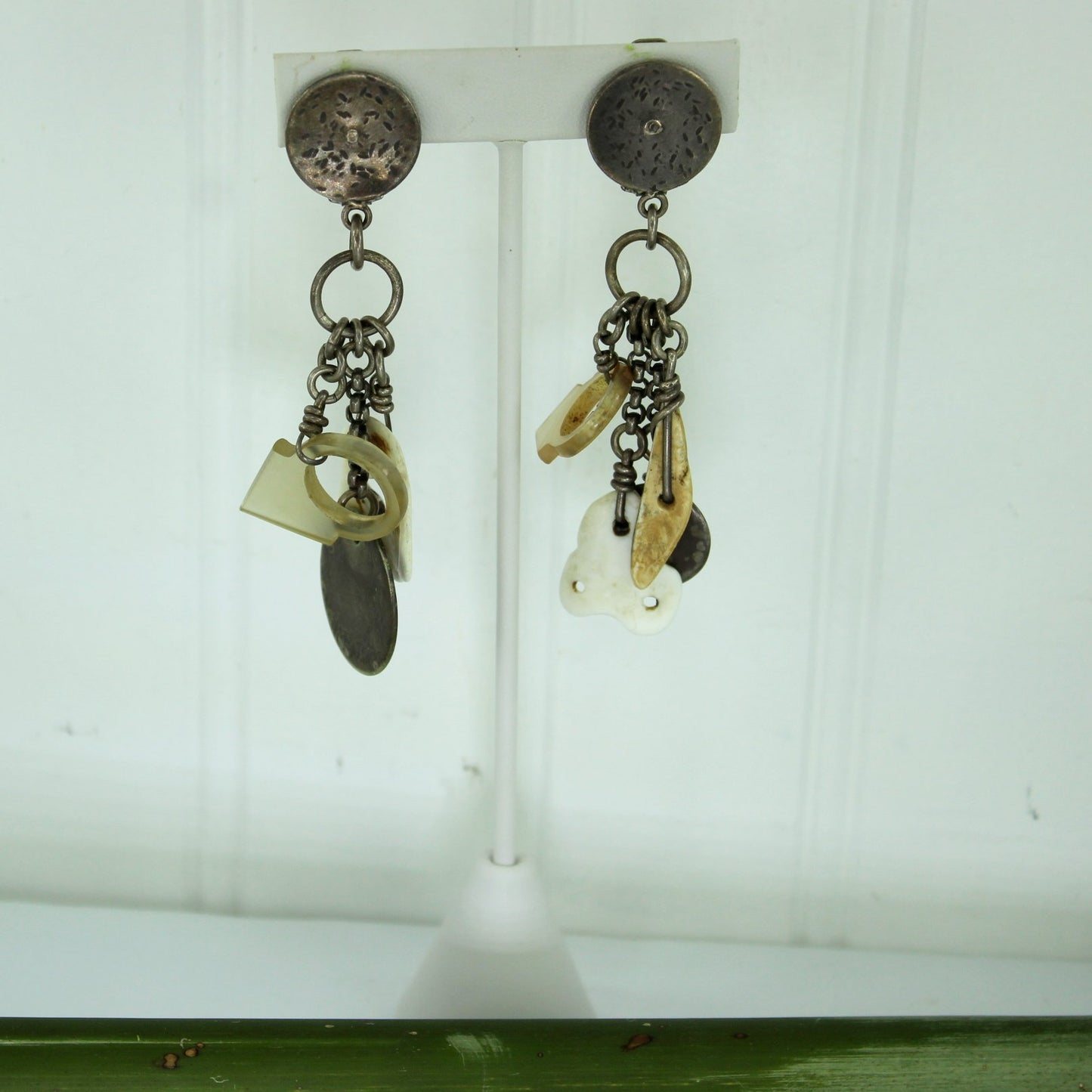 Vintage African Tribal Big Earrings Dangle Metal Shell Bone Coin Charms