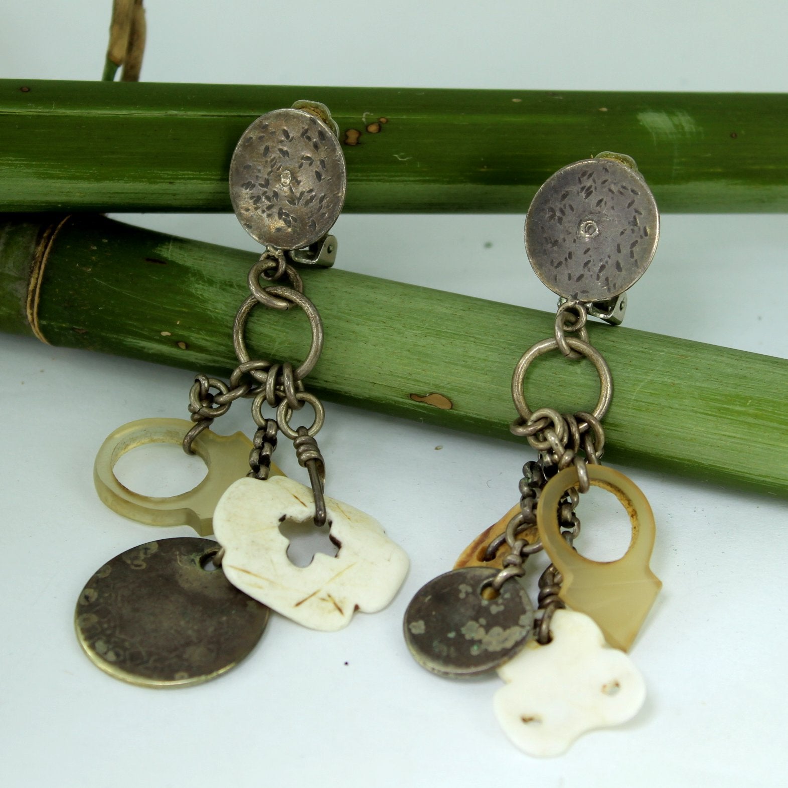 Vintage African Tribal Big Earrings Dangle Metal Shell Bone Coin Charms earrings table view