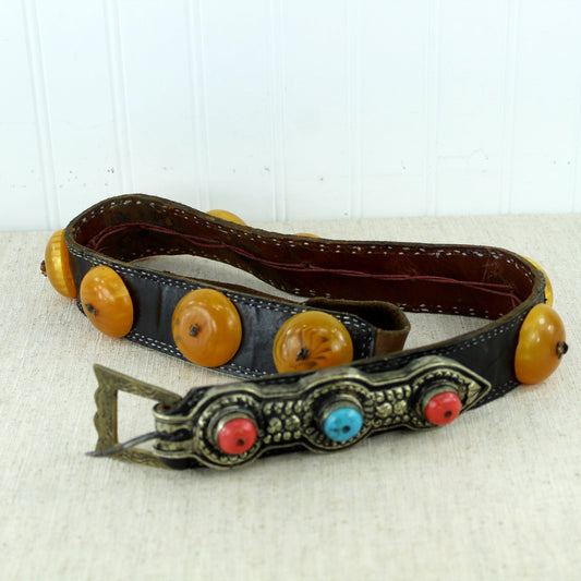 Tribal Ethnic Leather Belt Large Faux Amber Rounds Turquoise Coral Silver