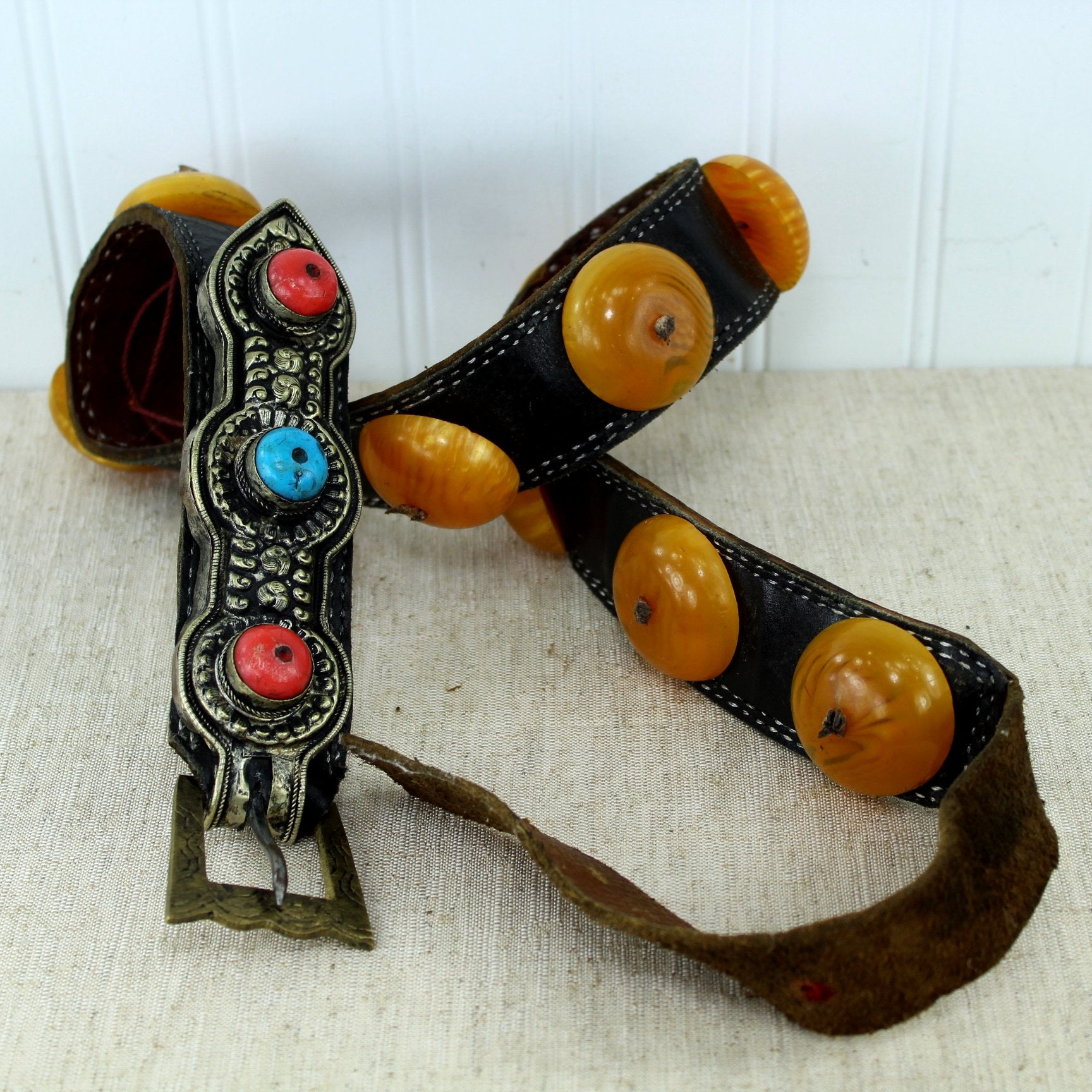 Tribal Ethnic Leather Belt Large Faux Amber Rounds Turquoise Coral Silver showing design