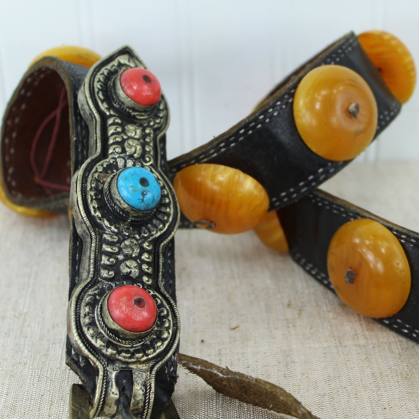 Tribal Ethnic Leather Belt Large Faux Amber Rounds Turquoise Coral Silver show size of stones