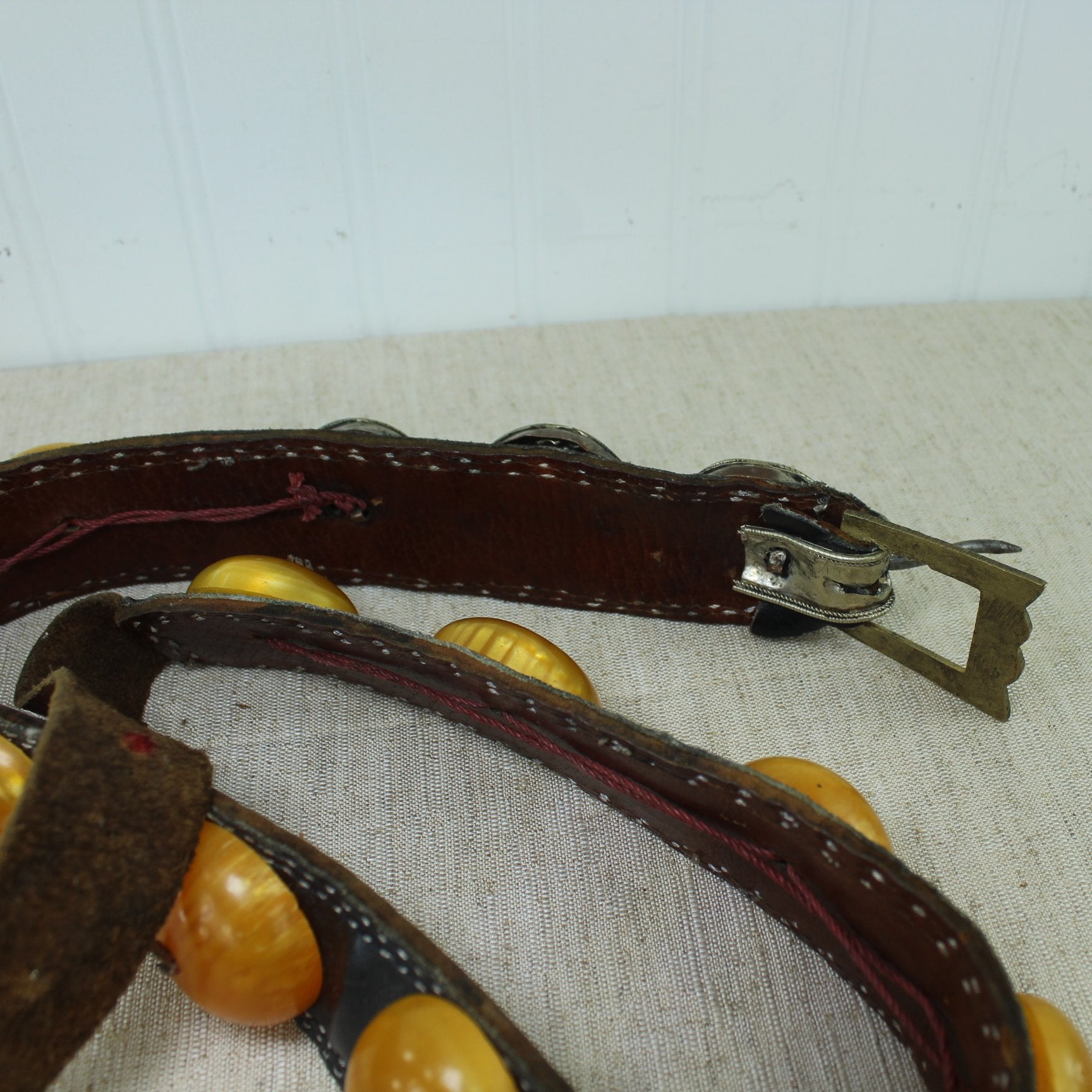 Tribal Ethnic Leather Belt Large Faux Amber Rounds Turquoise Coral Silver reverse belt