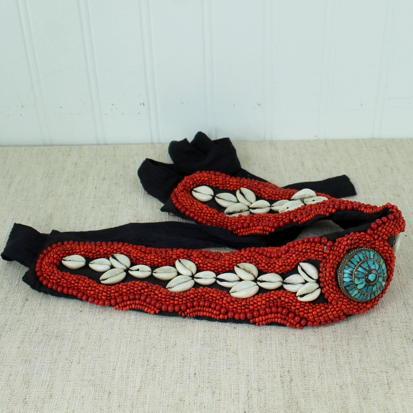 Striking Red Bead Belt Turquoise Medallion Puka Shell Pattern India side view