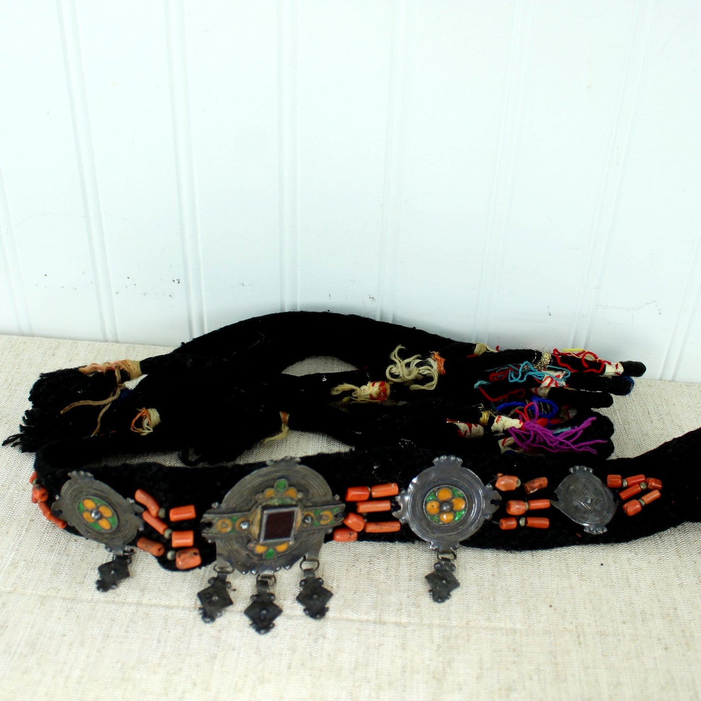 Ethnic Tribal Woven Belt Metal Medallions Coral Beads Dancer Fashion long belt with tassel ties