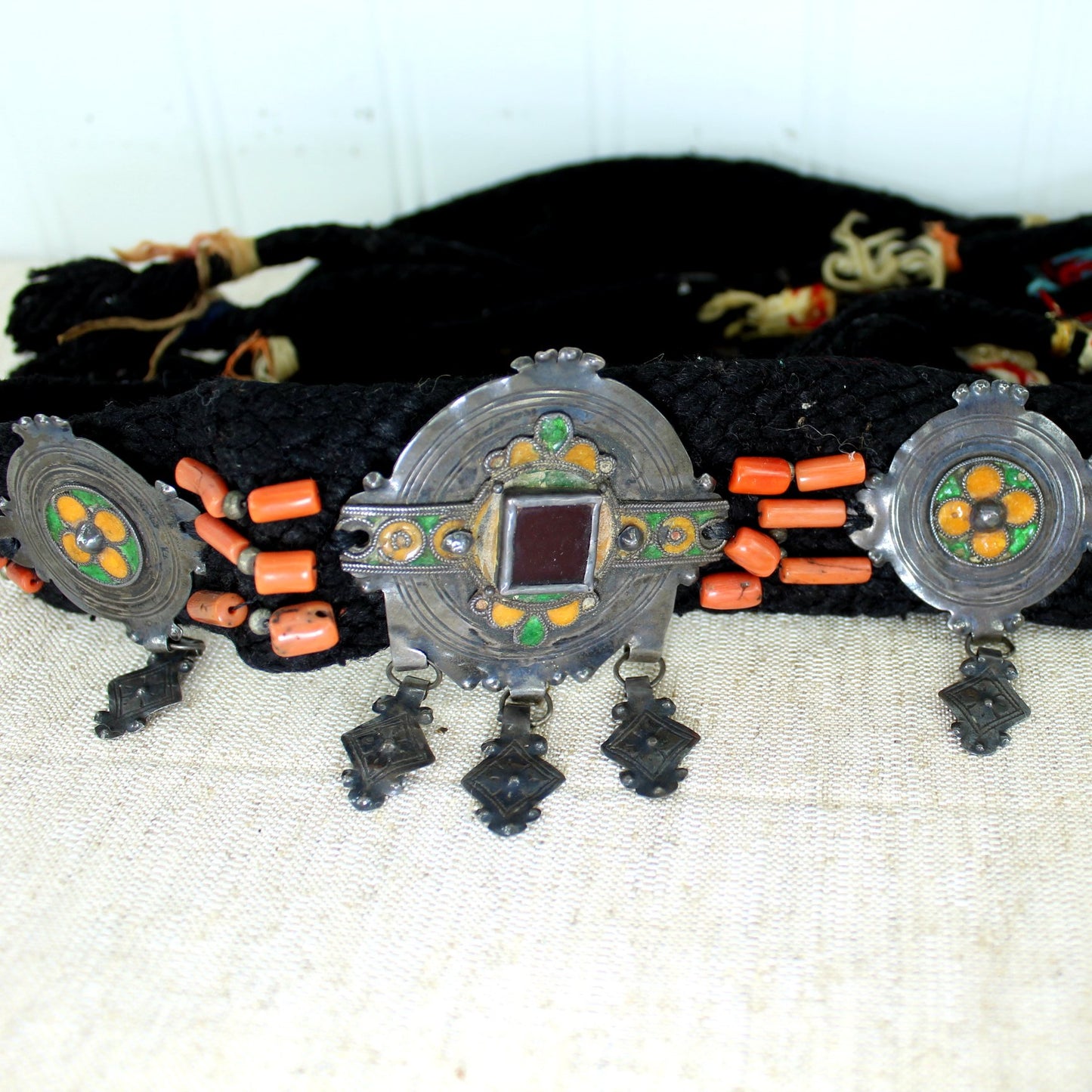 Ethnic Tribal Woven Belt Metal Medallions Coral Beads Dancer Fashion  closeup