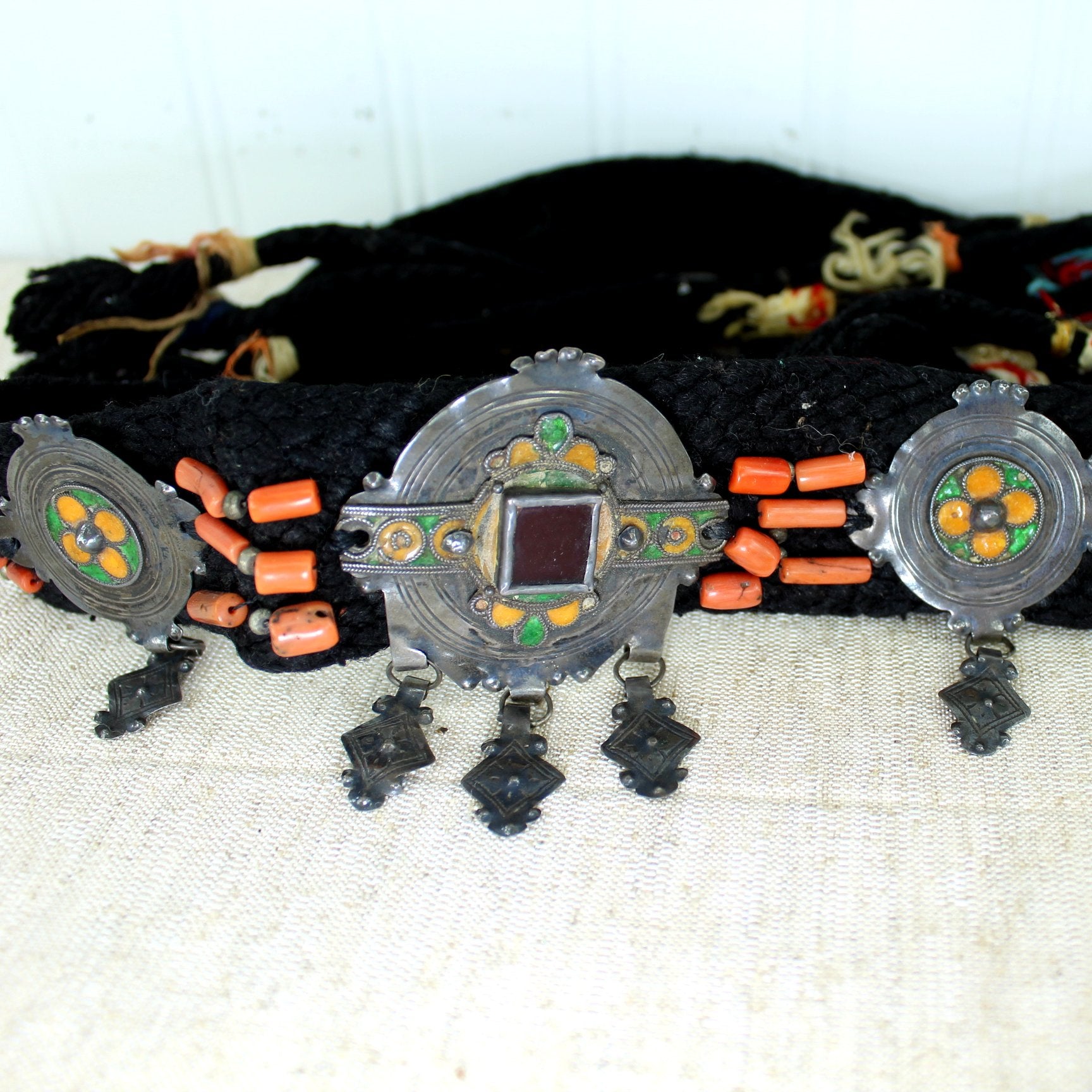 Ethnic Tribal Woven Belt Metal Medallions Coral Beads Dancer Fashion  closeup