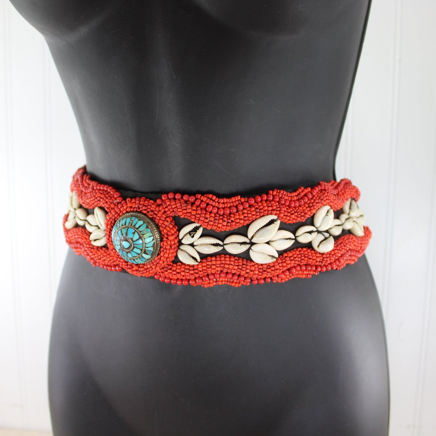 Striking Red Bead Belt Turquoise Medallion Puka Shell Pattern India