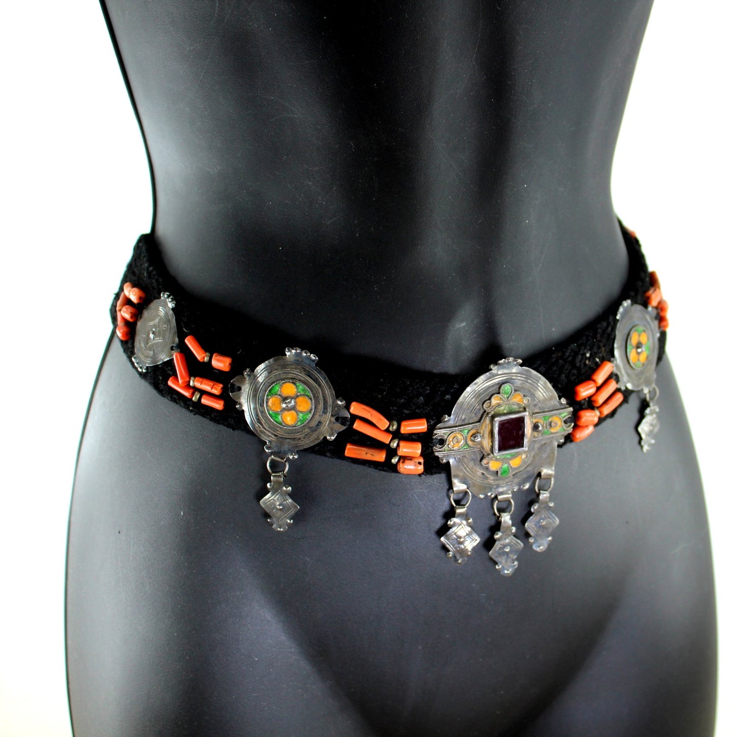 Ethnic Tribal Woven Belt Metal Medallions Coral Beads Dancer Fashion 