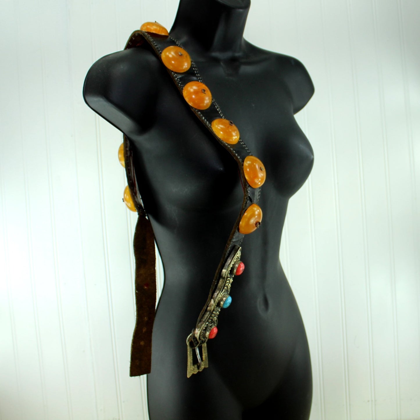 Tribal Ethnic Leather Belt Large Faux Amber Rounds Turquoise Coral Silver showing full length