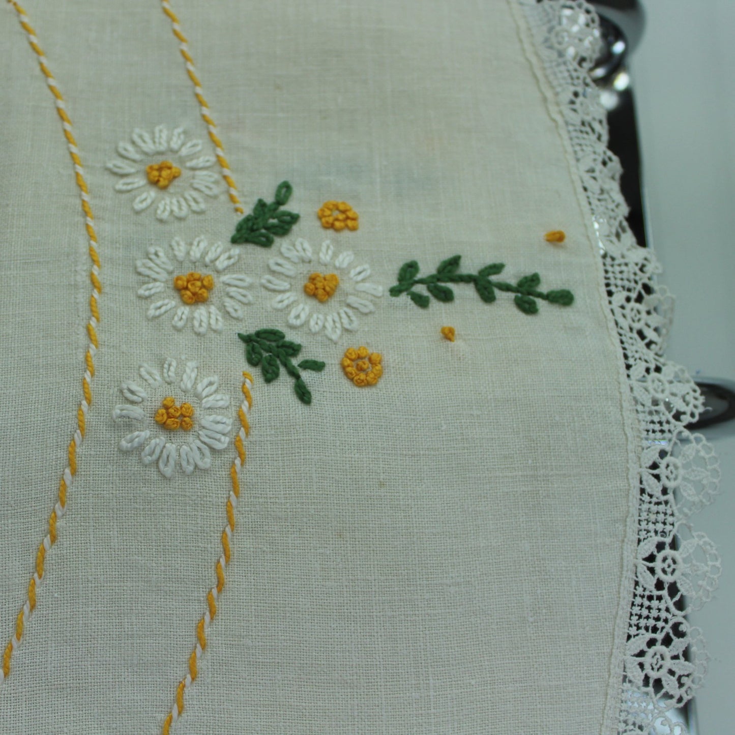 Finely Embroidered Off White Linen Table Cloth Daisies Lace Elegant Vintage closeup embroidery