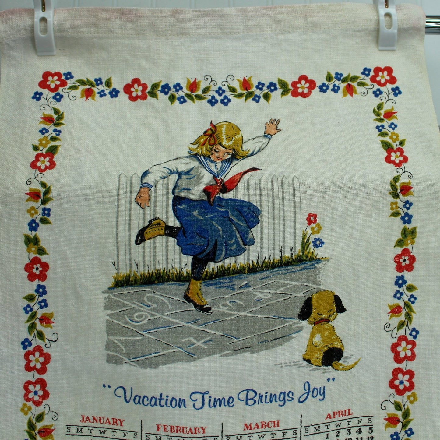Collection 3 Vintage Kitchen Towels 1980s Calendars Kitchen Crafts Use closeup vacation joy hopscotch