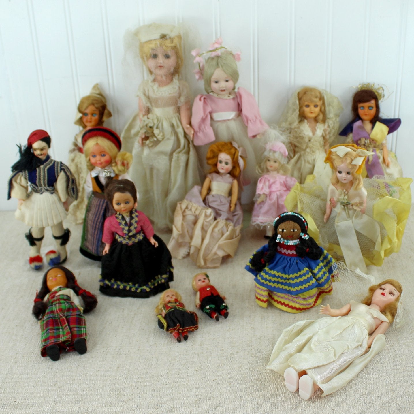 Collection 16 Vtg Small Dolls International Brides Seminole Porcelain Vinyl Fabric