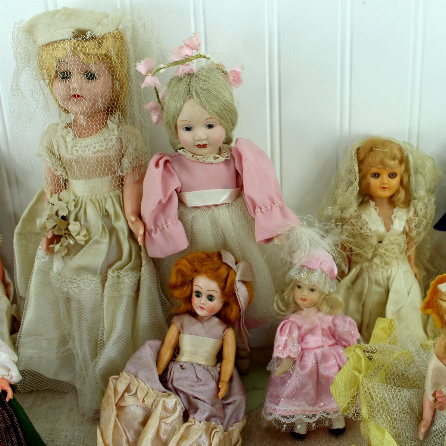 Collection 16 Vtg Small Dolls International Brides Seminole Porcelain Vinyl Fabric wedding dolls