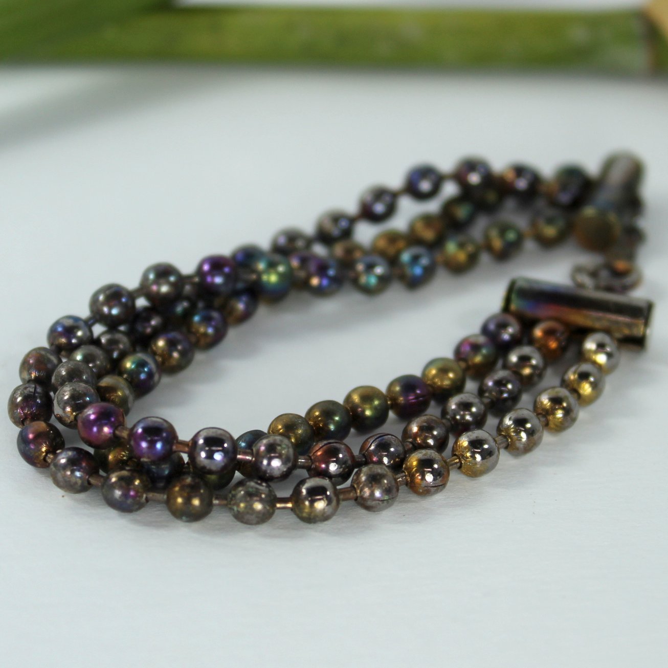 Iridescent Ball Chain Bracelet 7 1/2"  Length Metallic Colors closeup of ball beads and chain
