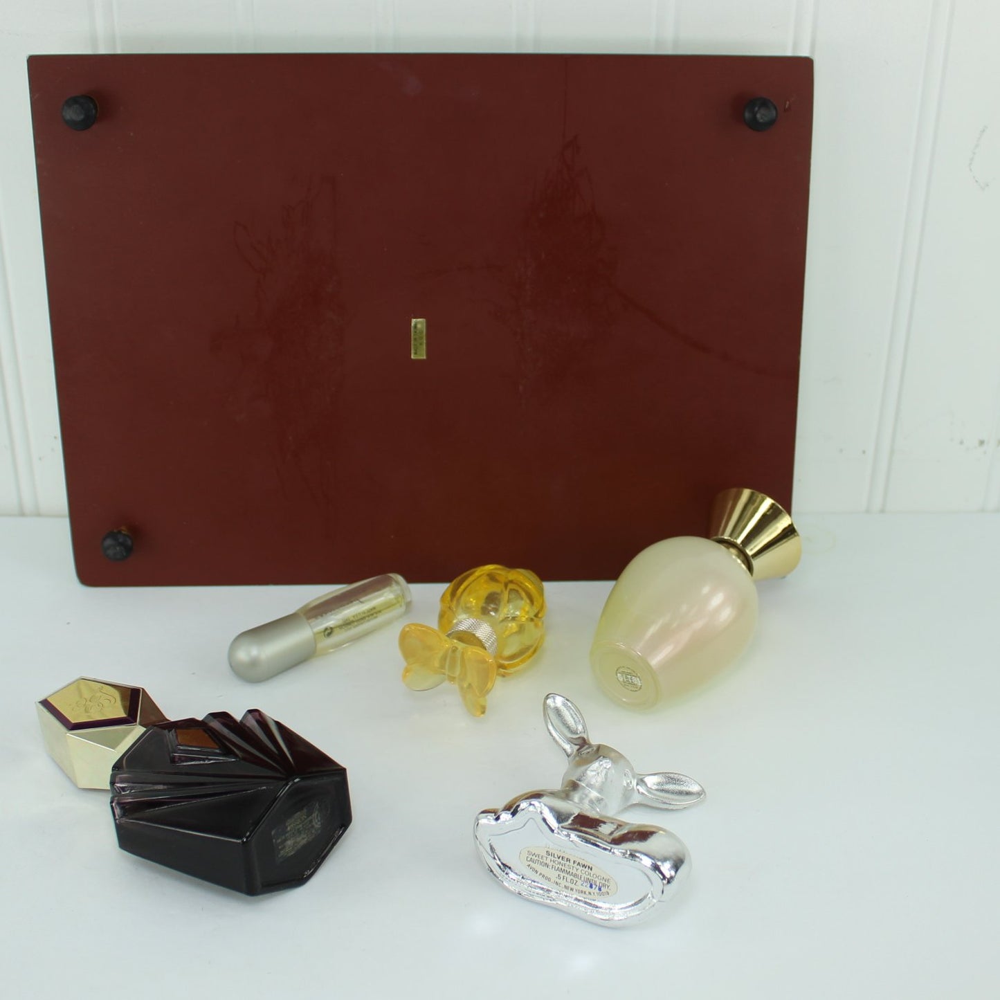 Estate Collection Mirrored Vanity Tray 5 Perfumes Estee Avon Mariah view of bottoms reverse