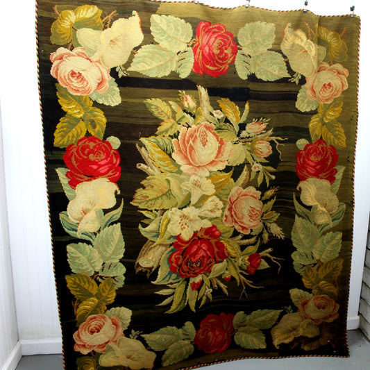 Heavy Wool Needlepoint Large Rug Bed Wall Rings Huge Florals Boho Gypsy Victorian