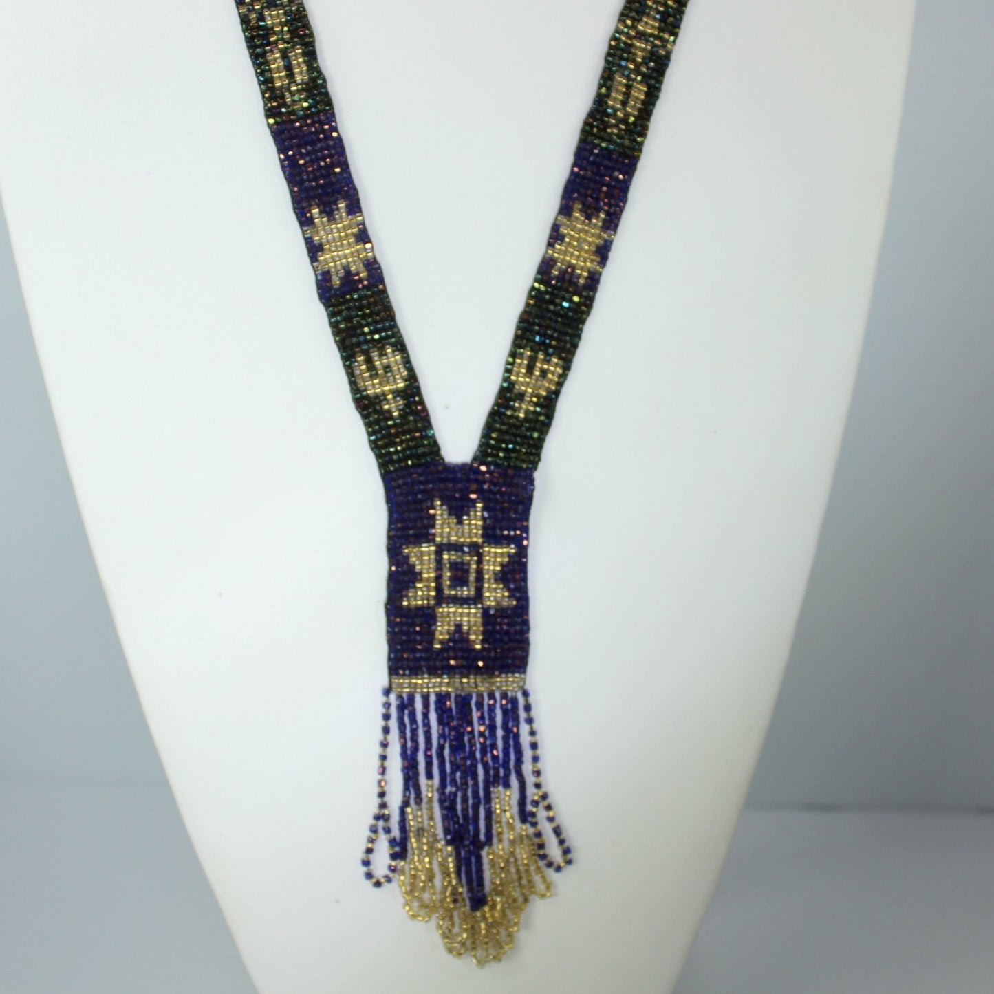 Beautiful Estate Woven Bead Necklace Yoke Style Gorgeous Purple Gold Metallic