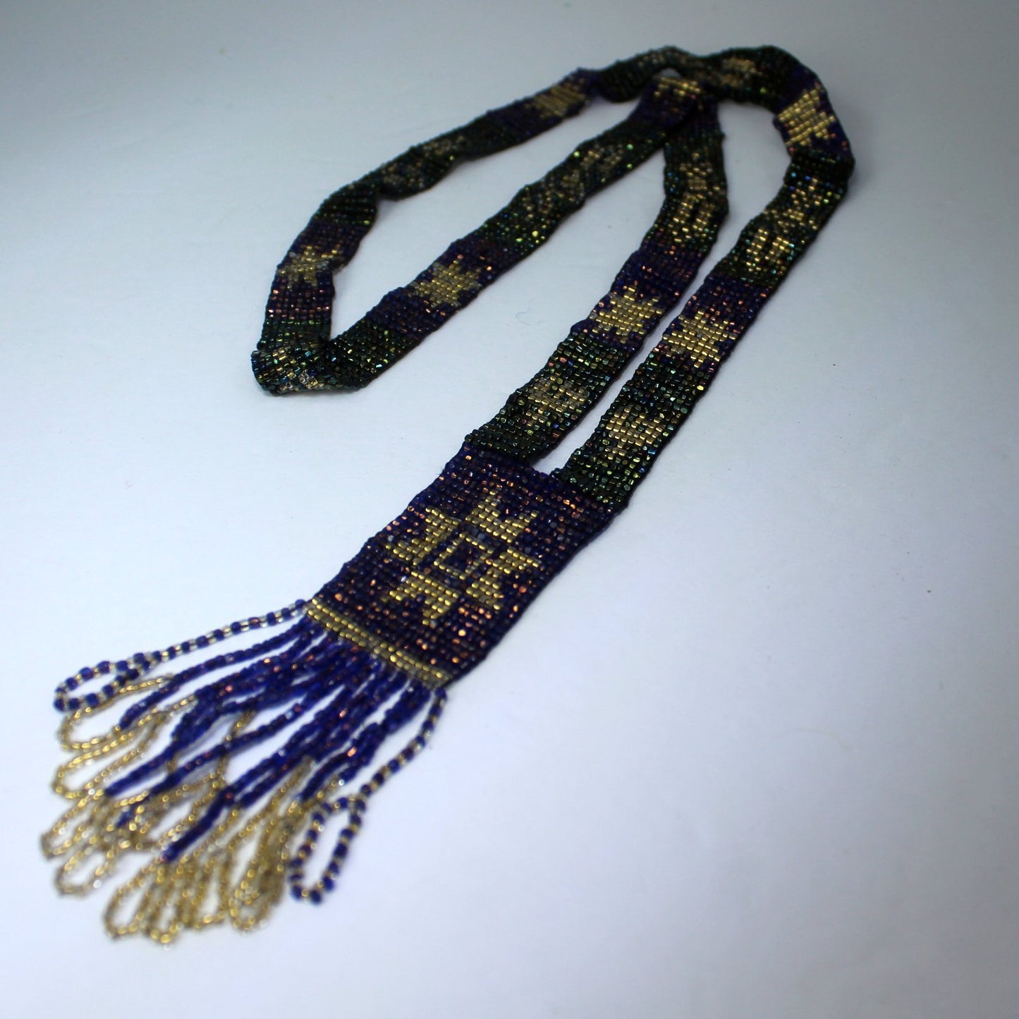 Beautiful Estate Woven Bead Necklace Yoke Style Gorgeous Purple Gold Metallic