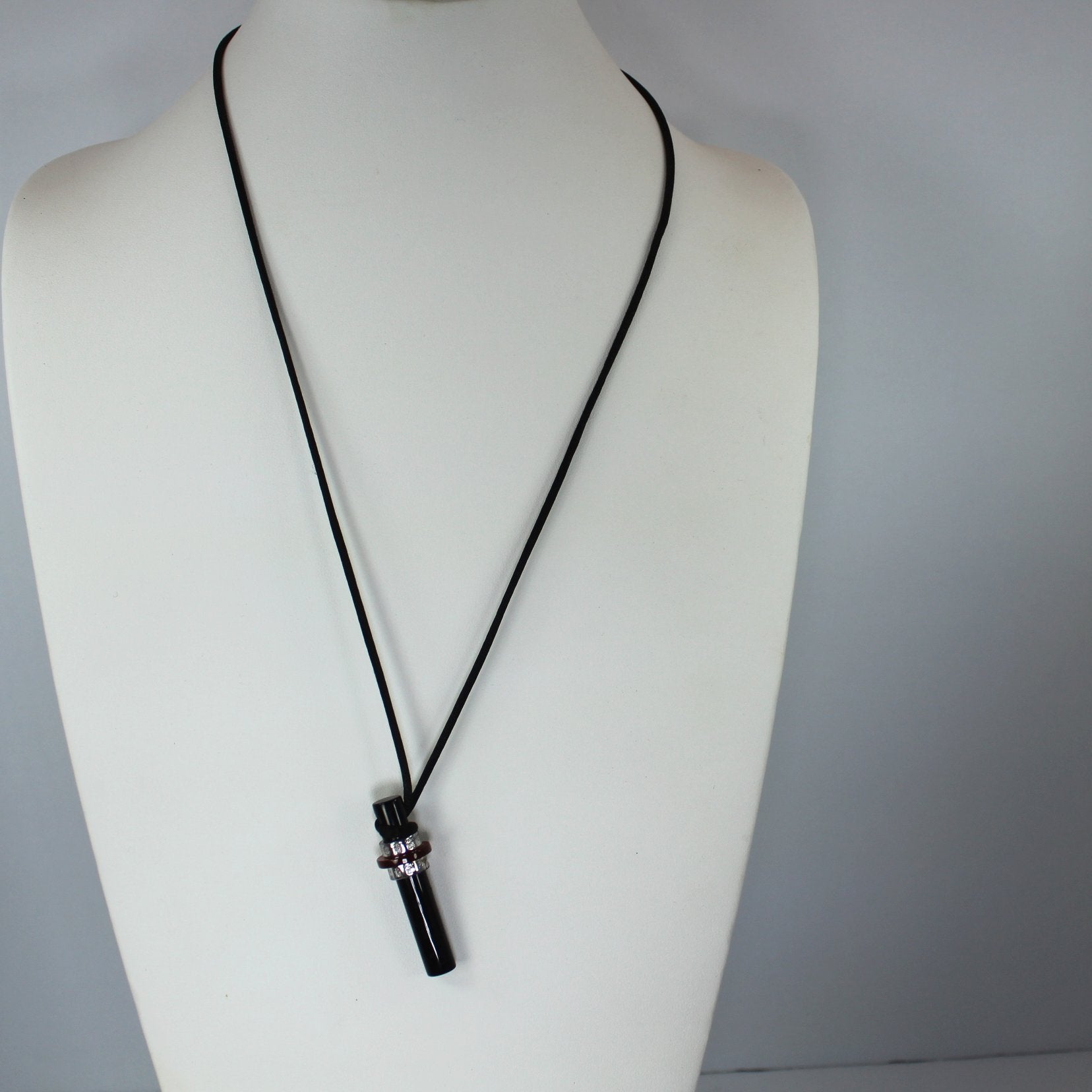 Black Red Glass Necklace Silver Bands Asian Symbols Modernistic full view pendant necklace mod design