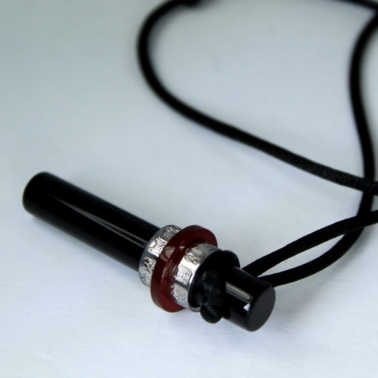 Black Red Glass Necklace Silver Bands Asian Symbols Modernistic