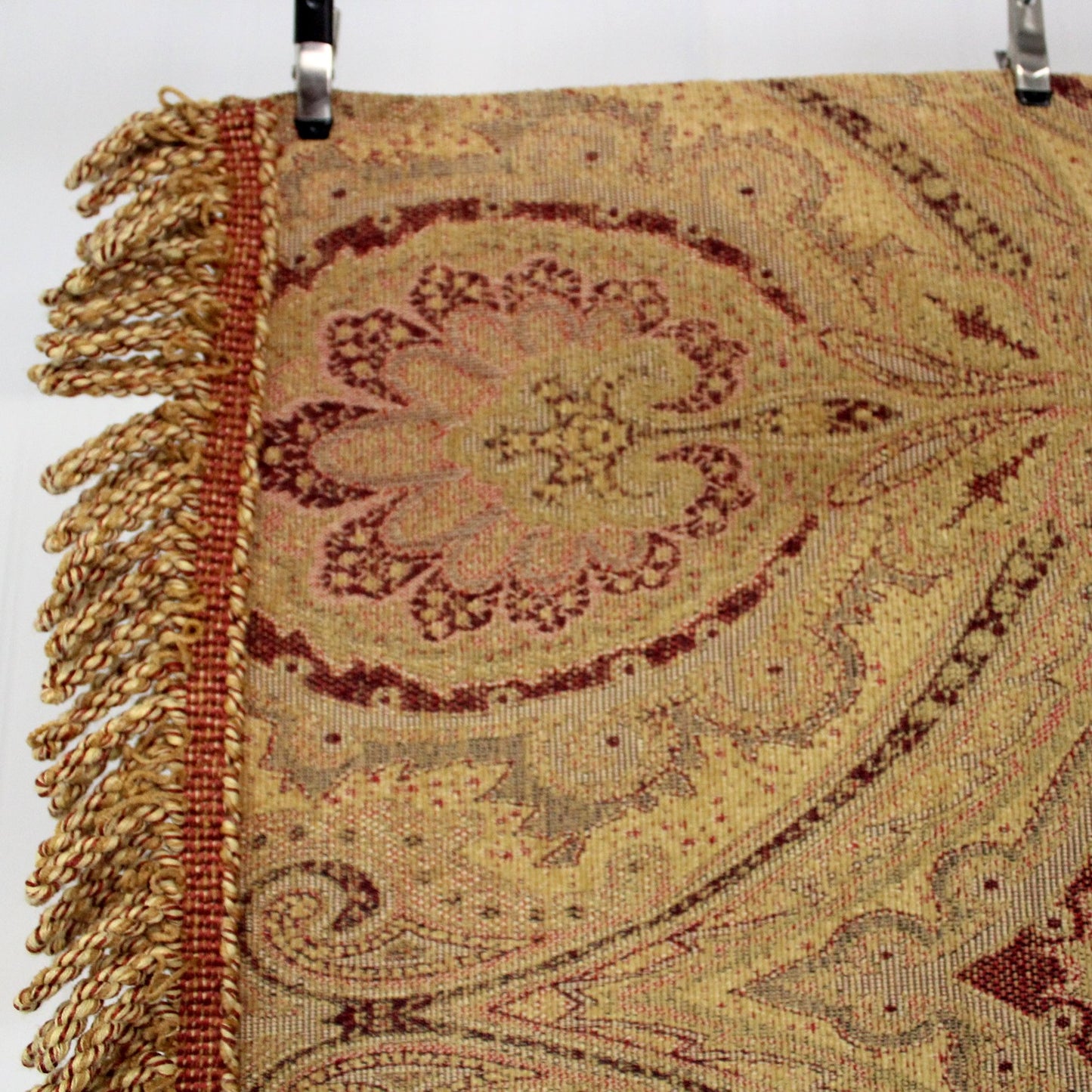 Tapestry Look Rug Bed Throw Wall Hanging Tan Cranberry Heavy Fringe Ends