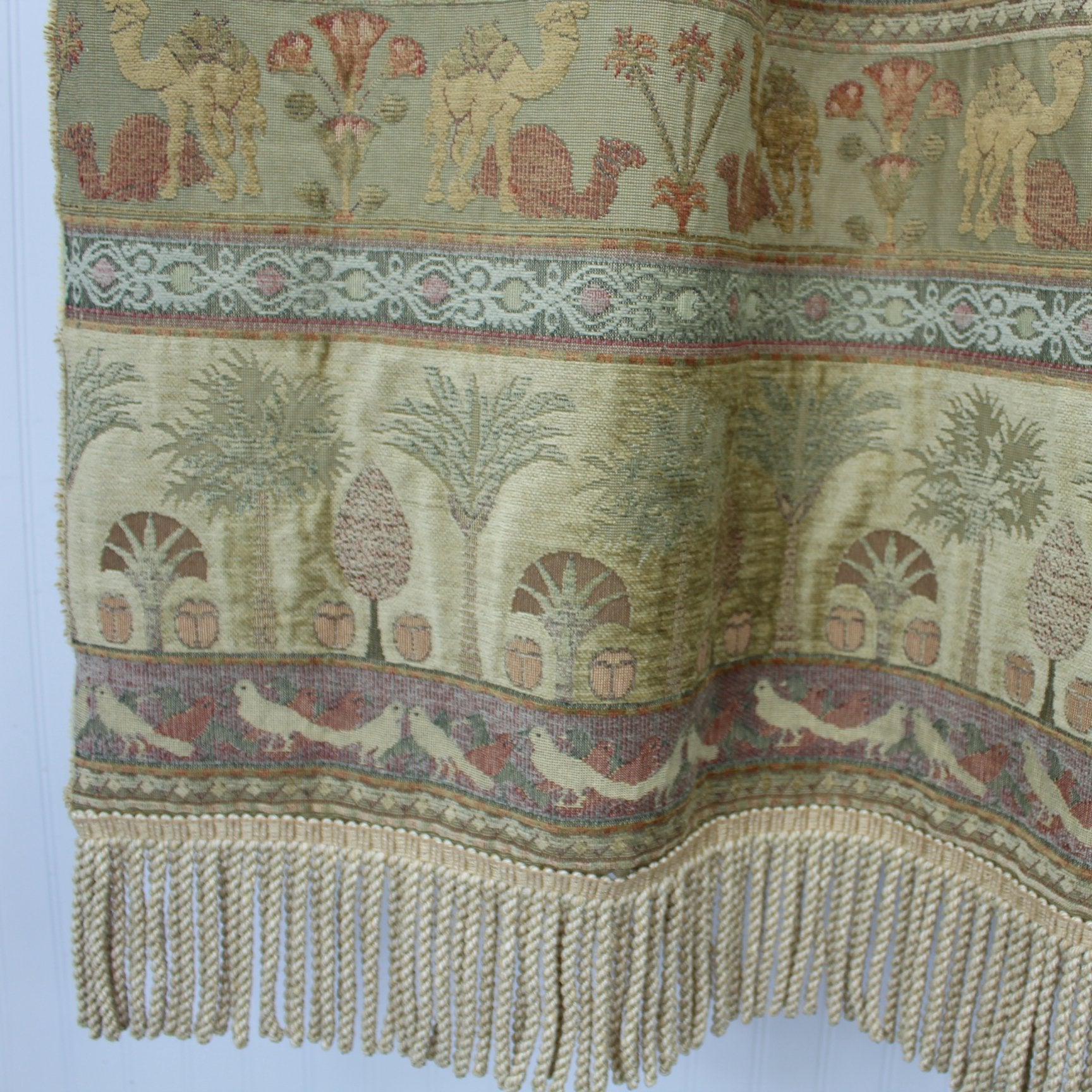 Fringed Textured Fabric Egyptian Theme Rug Bed Throw Wall Hanging Camels Oasis Birds heavy fringe end