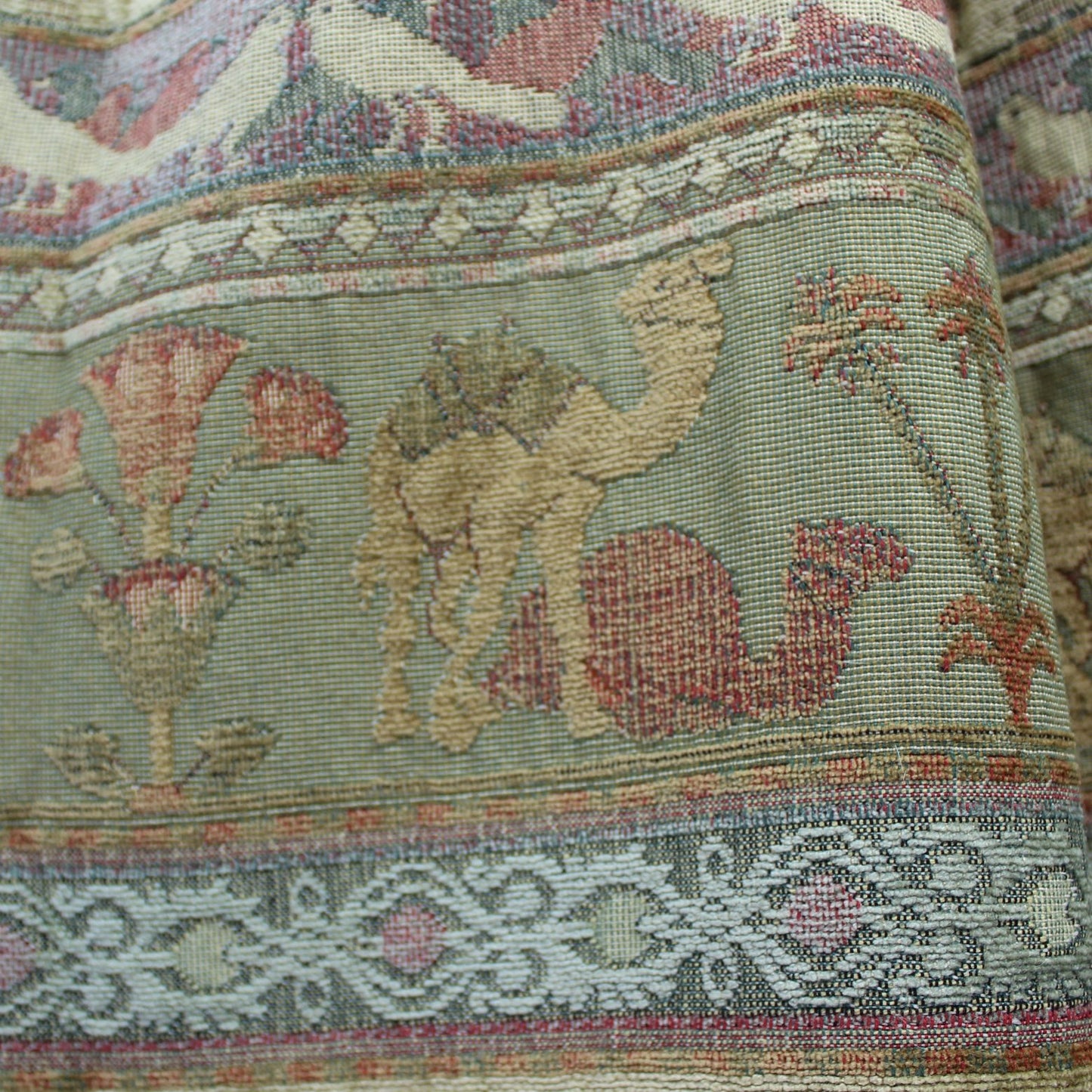 Fringed Textured Fabric Egyptian Theme Rug Bed Throw Wall Hanging Camels Oasis Birds closeup detail